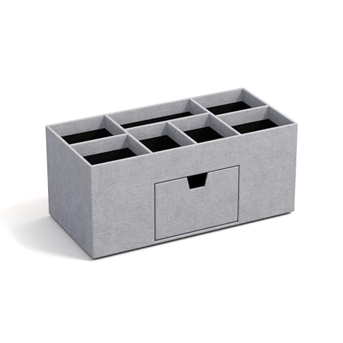 Bigso Box of Sweden VENDELA Schreibtisch Organizer mit 7 Fächern und Schublade – Ablagebox aus Faserplatte und Papier in Leinenoptik – Schreibtischset für Büromaterial – hellgrau von BIGSO BOX OF SWEDEN