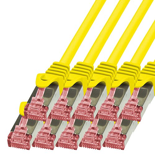 BIGtec LAN Kabel 10 Stück 0,5m Netzwerkkabel Ethernet Internet Patchkabel CAT.6 gelb Gigabit SFTP doppelt geschirmt für Netzwerke Modem Router Switch 2 x RJ45 kompatibel zu CAT.5 CAT.6a CAT.7 Stecker von BIGtec