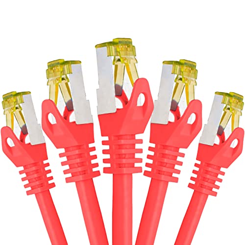 BIGtec LAN Kabel 5 Stück 0,25m Netzwerkkabel CAT7 Ethernet Internet Patchkabel CAT.7 rot Gigabit doppelt geschirmt Netzwerke Router Switch 2 x Stecker RJ45 kompatibel zu CAT.5 CAT.6 CAT.6a CAT.8 von BIGtec