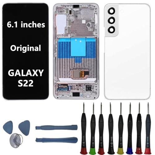 BIKZLDEW 6.1" AMOLED Original für Samsung Galaxy S22 Bildschirm Ersatz OEM S22 S901B S901B/DS Display Touchscreen Digitizer Montage (Weißer Rahmen+Rückseite+Reparaturwerkzeuge) von BIKZLDEW