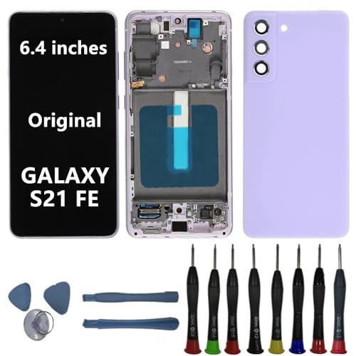BIKZLDEW 6.4" AMOLED Original für Samsung Galaxy S21 FE Bildschirm Ersatz OEM S21FE SM-G990B SM-G990B/DS Display Touchscreen Digitizer Montage (Lila Rahmen+Rückseite+Reparaturwerkzeuge) von BIKZLDEW