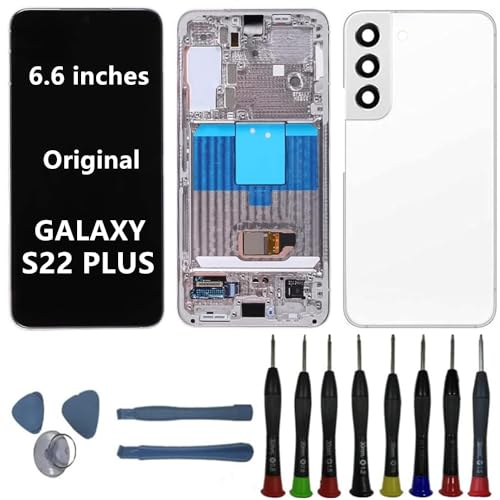 BIKZLDEW 6.6" AMOLED Original für Samsung Galaxy S22 Plus Bildschirm Ersatz OEM S22PLUS S9206B S906B/DS Display Touchscreen Digitizer Montage (Weißer Rahmen+Rückseite+Reparaturwerkzeuge) von BIKZLDEW
