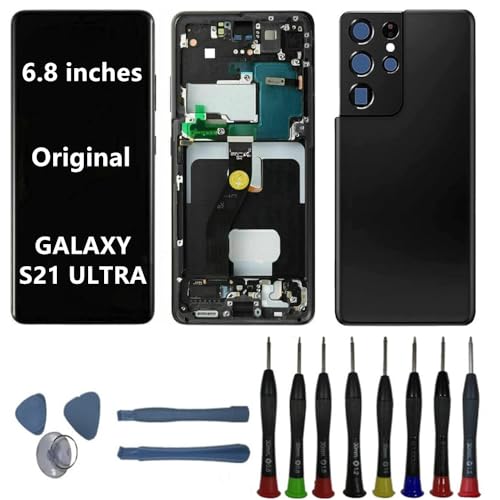 BIKZLDEW 6.8" AMOLED Original für Samsung Galaxy S21 Ultra Bildschirm Ersatz OEM S21Ultra SM-G998B SM-G998B/DS Display Touchscreen Digitizer Montage (Schwarzer Rahmen+Rückseite+Werkzeuge) von BIKZLDEW