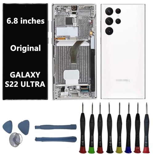 BIKZLDEW 6.8" AMOLED Original für Samsung Galaxy S22 Ultra Bildschirm Ersatz OEM S22ultra S908B S908B/DS Display Touchscreen Digitizer Montage (Weißer Rahmen+Reparaturwerkzeuge) von BIKZLDEW