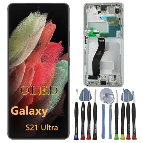 BIKZLDEW OLED Galaxy S21 Ultra Bildschirm Ersatz für Samsung S21Ultra Display Touchscreen Digitizer Montage SM-G998B SM-G998B/DS LCD Unterstützung Fingerabdruck (Weißer Rahmen+Reparaturwerkzeuge) von BIKZLDEW