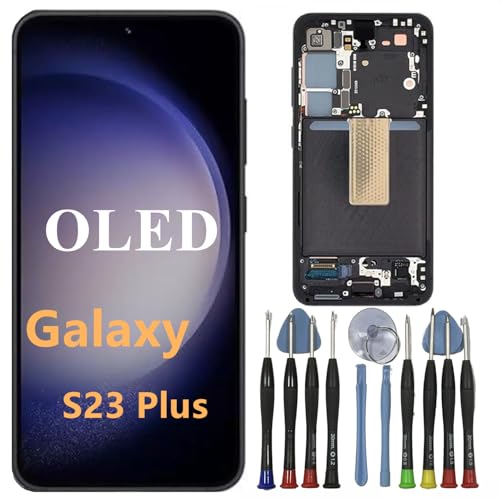 BIKZLDEW OLED Galaxy S23 Plus Bildschirm Ersatz für Samsung S23PLUS Display Touchscreen Digitizer Montage SM-S916B SM-S916/DS LCD Unterstützung Fingerabdruck (Schwarzer Rahmen+Reparaturwerkzeuge) von BIKZLDEW