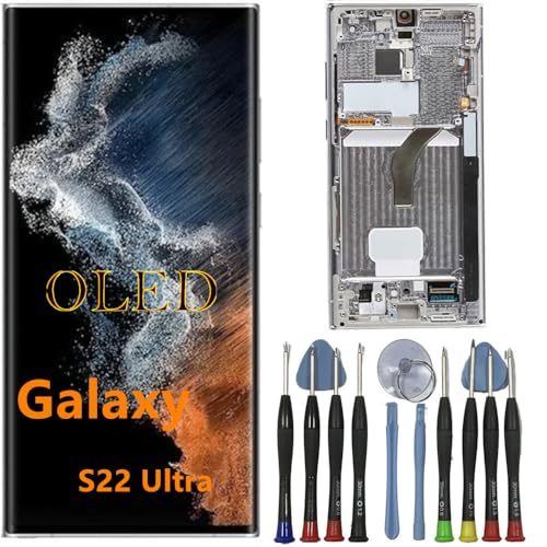 OLED Galaxy S22 Ultra Bildschirm Ersatz für Samsung S22ultra Display Touchscreen Digitizer Montage SM-S908B SM-S908B/DS LCD Unterstützung Fingerabdruck und S-Pen (Weißer Rahmen+Reparaturwerkzeuge) von BIKZLDEW
