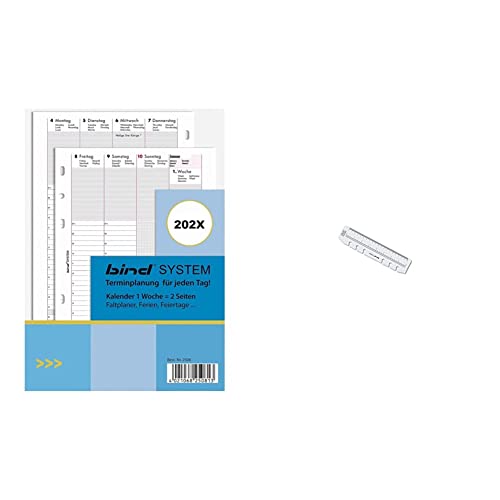 BIND B250823 Kalendereinlage für Wochenkalender A5, Timer Einlage für Kalender Jahr 2023, 1 Woche / 2 Seiten & bind 104 - Lineal 20 cm, Zentimetermaß zum Einheften in A5 Systemplaner, transparent von BIND