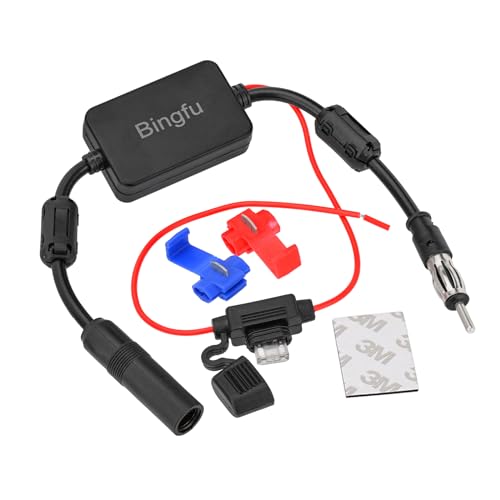 Bingfu Autoradio Antenne Signal Verstärker, FM Signal Booster Antennenverstärker 12V Stromversorgung DIN Stecker Adapter für Fahrzeug LKW SUV Autoradio Stereo Media Head Unit Empfänger von BINGFU