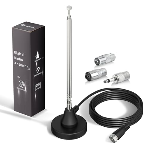 Bingfu UKW Radioantenne Digitale Teleskopantenne für den Innenbereich mit Magnetfuß 3 m Verlängerungskabel für 75 Ohm DAB DAB+ FM Radio Tuner Stereo AV- HiFi-Empfänger von BINGFU