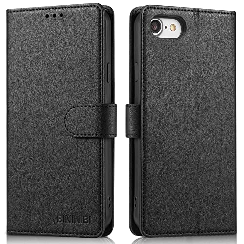 BININIBI 2023 Newest Handyhülle für iPhone 7, Klapphülle für iPhone SE 2022/SE 2020 Leder Hülle, Lederhülle Handytasche mit [Kartenschlitz] [Magnet] [Standfunktion] für iPhone 8, Schwarz von BININIBI