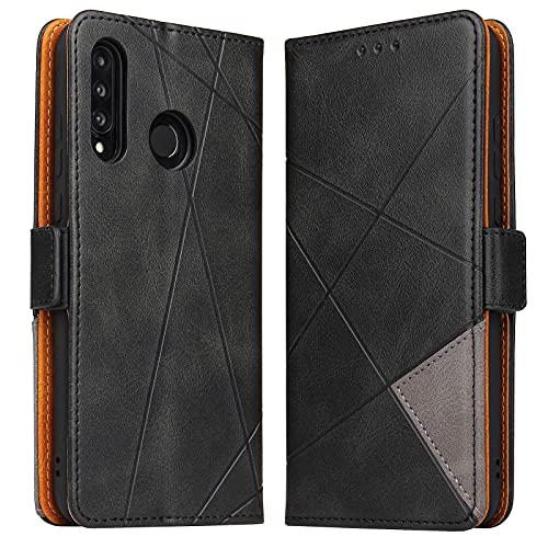BININIBI Hülle für Huawei P30 Lite, Klapphülle Handyhülle Schutzhülle für Huawei P30 Lite Tasche, Lederhülle Handytasche mit [Kartenfach] [Standfunktion] [Magnetisch] für Huawei P30 Lite, Schwarz Grau von BININIBI