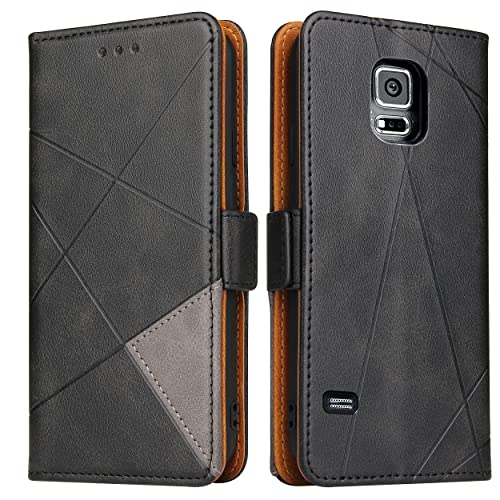 BININIBI Hülle für Samsung S5, Klapphülle Handyhülle Schutzhülle für Galaxy S5 Tasche, Lederhülle Handytasche mit [Kartenfach] [Standfunktion] [Magnetisch] für Samsung Galaxy S5 (S5 Neo), Schwarz von BININIBI