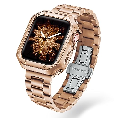 BINLUN Kompatibel mit Apple Watch Armband 41mm 40mm 38mm Edelstahlarmband für Apple Watch Gehäuseschutz TPU Gehäuse mit MetallBand für iWatch Herren Damen(Roségold) von BINLUN