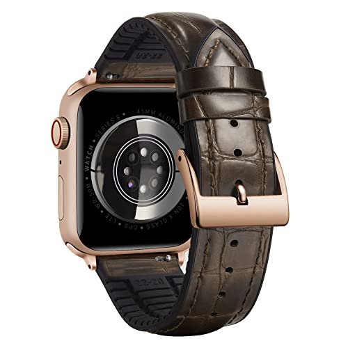 BINLUN Kompatibel mit Apple Watch Armband 42mm 41mm 40mm 38mm Alligator Leder und Silikon Lederarmband Kompatibel mit iWatch SE SE2 Series 10 9 8 7 6 5 4 3 2 1 Herren Damen(Braun-Roségold) von BINLUN