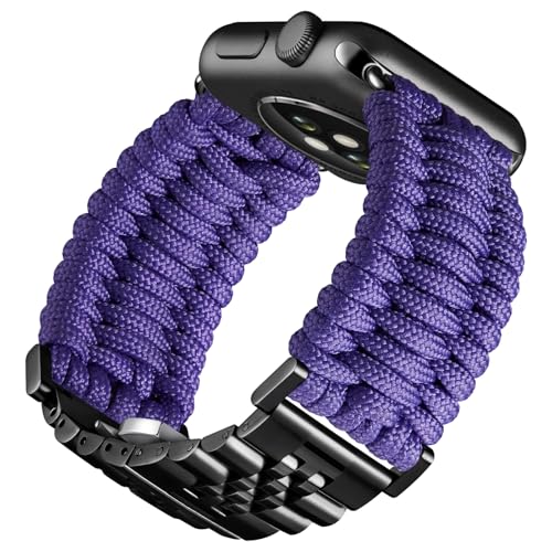 BINLUN Kompatibel mit Apple Watch Armband 42mm 41mm 40mm 38mm Geflochten 550 Paracord Stahl Sport Armbänder Kompatibel mit iWatch Series 10/9/8/7/SE2/SE/6/5/4/3/2/1 Herren Damen(Lila-Schwarz) von BINLUN