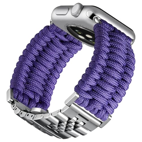 BINLUN Kompatibel mit Apple Watch Armband 42mm 41mm 40mm 38mm Geflochten 550 Paracord Stahl Sport Armbänder Kompatibel mit iWatch Series 10/9/8/7/SE2/SE/6/5/4/3/2/1 Herren Damen(Lila-Silber) von BINLUN