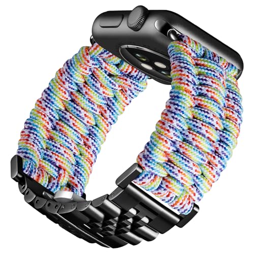 BINLUN Kompatibel mit Apple Watch Armband 42mm 41mm 40mm 38mm Geflochten 550 Paracord Stahl Sport Armbänder Kompatibel mit iWatch Series 10/9/8/7/SE2/SE/6/5/4/3/2/1 Herren Damen(Regenbogen-Schwarz) von BINLUN
