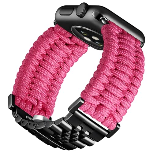 BINLUN Kompatibel mit Apple Watch Armband 42mm 41mm 40mm 38mm Geflochten 550 Paracord Stahl Sport Armbänder Kompatibel mit iWatch Series 10/9/8/7/SE2/SE/6/5/4/3/2/1 Herren Damen(Rosenrot-Schwarz) von BINLUN