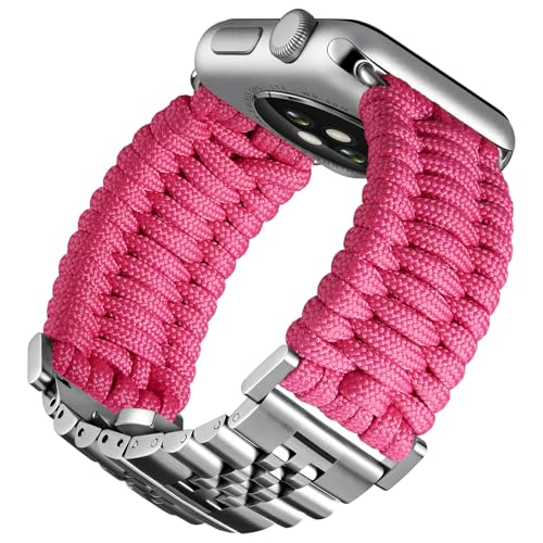 BINLUN Kompatibel mit Apple Watch Armband 42mm 41mm 40mm 38mm Geflochten 550 Paracord Stahl Sport Armbänder Kompatibel mit iWatch Series 10/9/8/7/SE2/SE/6/5/4/3/2/1 Herren Damen(Rosenrot-Silber) von BINLUN