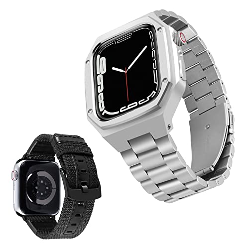 BINLUN Kompatibel mit Apple Watch Armband 44mm 45mm 2-Stück Silikon Armband Edelstahl Armband mit Robuster Metall Schutzhülle, Ersatz Canvas Armband für iWatch Armband Series 9/8/7/SE/SE2/6/5/4 von BINLUN