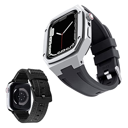 BINLUN Kompatibel mit Apple Watch Armband 44mm 45mm 2-Stück Silikon Armband Edelstahl Uhrenarmband mit Robuster Metall Schutzhülle Ersatz Armband aus Segeltuch für iWatch Armbänder Series 7/SE/6/5/4 von BINLUN