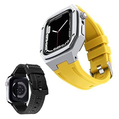 BINLUN Kompatibel mit Apple Watch Armband 44mm 45mm 2-Stück Silikon Armband mit Robuster Metall Schutzhülle Ersatz Segeltuch Armband Kompatibel mit iWatch Armbänder Series 9/8/7/SE/SE2/6/5/4 von BINLUN