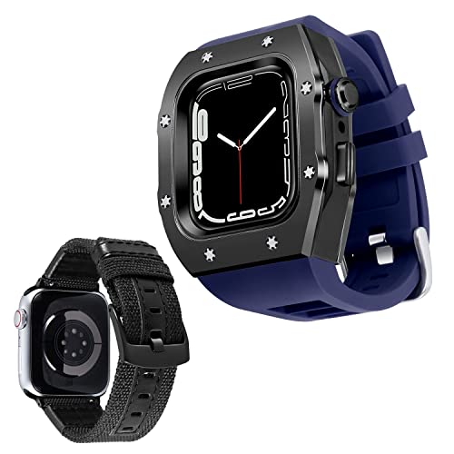 BINLUN Kompatibel mit Apple Watch Armband 44mm 45mm 2-Stück Silikon Armband mit Metall Schutzhülle, Ersatz Canvas Armband für iWatch Series 9/8/7/SE2/SE/6/5/4 für Herren von BINLUN