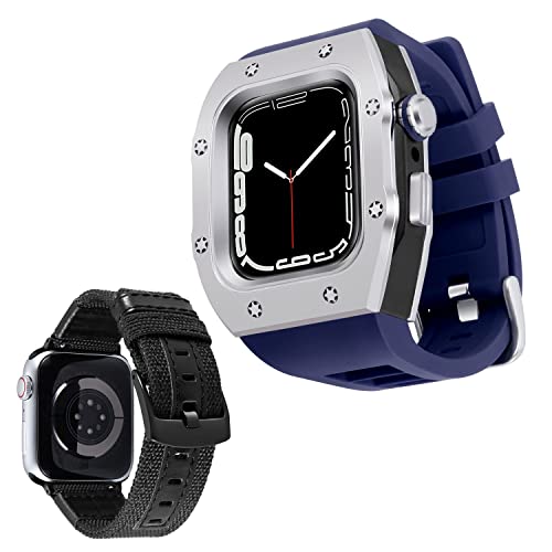 BINLUN Kompatibel mit Apple Watch Armband 44mm 45mm 2-Stück Silikon Armband mit Metall Schutzhülle, Ersatz Canvas Armband für iWatch Series 9/8/7/SE2/SE/6/5/4 für Herren von BINLUN