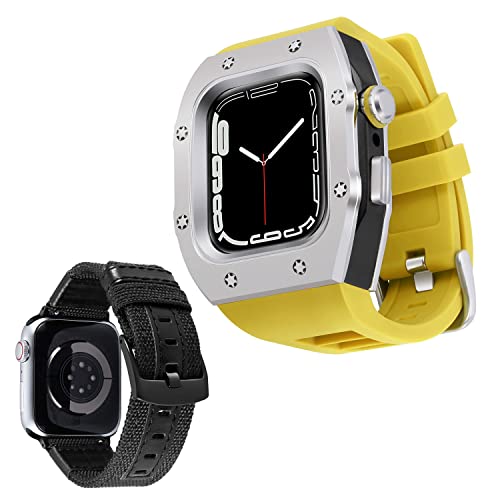 BINLUN Kompatibel mit Apple Watch Armband 44mm 45mm 2-Stück Silikon Armband mit Metall Schutzhülle, Ersatz Canvas Armband für iWatch Series 9/8/7/SE2/SE/6/5/4 für Herren von BINLUN