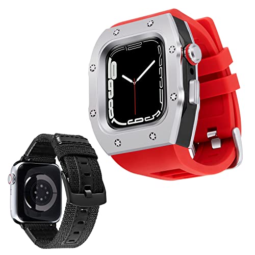 BINLUN Kompatibel mit Apple Watch Armband 44mm 45mm 2-Stück Silikon Armband mit Metall Schutzhülle, Ersatz Canvas Armband für iWatch Series 9/8/7/SE2/SE/6/5/4 für Herren von BINLUN