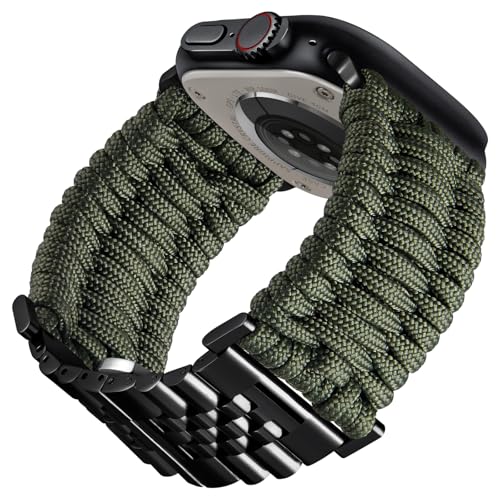 BINLUN Kompatibel mit Apple Watch Armband 46mm 45mm 44mm 42mm Geflochten 550 Paracord Stahl Sport Armbänder Kompatibel mit iWatch Series 10/9/8/7/SE2/SE/6/5/4/3/2/1 Herren Damen(Armeegrün-Schwarz) von BINLUN