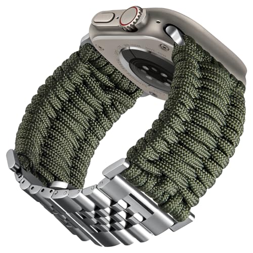 BINLUN Kompatibel mit Apple Watch Armband 46mm 45mm 44mm 42mm Geflochten 550 Paracord Stahl Sport Armbänder Kompatibel mit iWatch Series 10/9/8/7/SE2/SE/6/5/4/3/2/1 Herren Damen(Armeegrün-Silber) von BINLUN