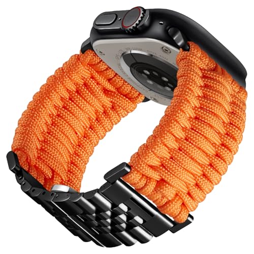 BINLUN Kompatibel mit Apple Watch Armband 46mm 45mm 44mm 42mm Geflochten 550 Paracord Stahl Sport Armbänder Kompatibel mit iWatch Series 10/9/8/7/SE2/SE/6/5/4/3/2/1 Herren Damen(Orange-Schwarz) von BINLUN