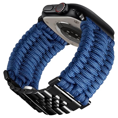 BINLUN Kompatibel mit Apple Watch Armband 49mm Geflochten 550 Paracord Stahl Sport Armbänder Kompatibel mit iWatch Ultra Ultra2 Herren Damen(Dunkelblau-Schwarz) von BINLUN