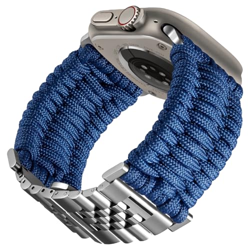 BINLUN Kompatibel mit Apple Watch Armband 49mm Geflochten 550 Paracord Stahl Sport Armbänder Kompatibel mit iWatch Ultra Ultra2 Herren Damen(Dunkelblau-Silber) von BINLUN