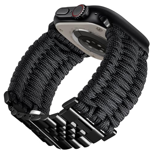 BINLUN Kompatibel mit Apple Watch Armband 49mm Geflochten 550 Paracord Stahl Sport Armbänder Kompatibel mit iWatch Ultra Ultra2 Herren Damen(Schwarz-Schwarz) von BINLUN