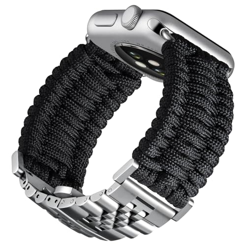 BINLUN Kompatibel mit Apple Watch Armband 49mm Geflochten 550 Paracord Stahl Sport Armbänder Kompatibel mit iWatch Ultra Ultra2 Herren Damen(Schwarz-Silber) von BINLUN
