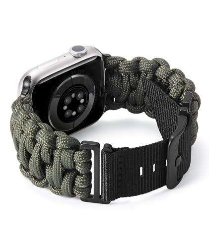 BINLUN Kompatibel mit Apple Watch Armband Paracord 550 42mm/44mm/45mm/49mm Militär Stil Robustes Nylon Sportarmband Ersatzarmband für iWatch 9/8/7/6/5/4/3/2/1/SE Herren Damen 8 Farben(Militärgrün) von BINLUN