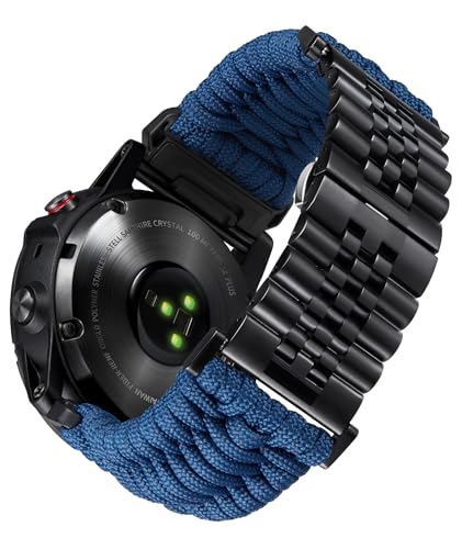 BINLUN Kompatibel mit Garmin Armband 22mm 26mm Geflochtene 550 Paracord Edelstahl Uhrenarmband Kompatibel mit Quickfit Kompatibel mit Fenix Kompatibel mit Forerunner Kompatibel mit Approach Dunkelblau von BINLUN