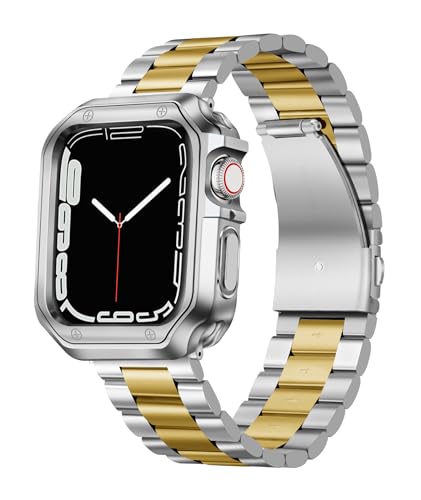 BINLUN Kompatibel mit Apple Watch Metall Armband 40mm 41mm 38mm Edelstahl Ersatzband mit TPU Hülle Kompatibel mit iWatch Armbands Series 9/8/7/6/5/4/3/2/1/SE/SE2 Herren Damen (Silber Gold) von BINLUN