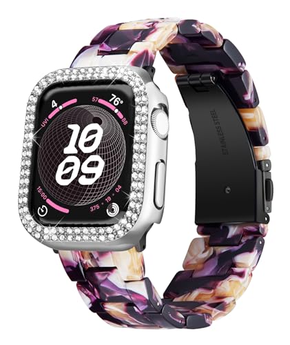 BINLUN Harz Armband mit Hülle Kompatibel mit Apple Watch 40/41/44/45mm für Damen Herren Ersatzband Kompatibel mit Apple Watch Series 9/8/7/SE2/SE/6/5/7 Band Kompatibel mit iWatch Diamant Gehäuse von BINLUN