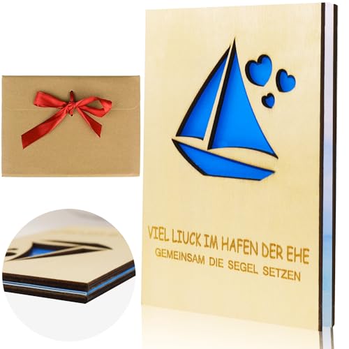 BINYI Geburtstagskarte Hochzeitskarte Geldgeschenk Holz mit Umschlag Glückwunschkarte zur Hochzeit Karte Grußkarte Hochzeitskarten Glückwunsch Einladungskarten Set für Geburtstag Hochzeit (Segelboot) von BINYI