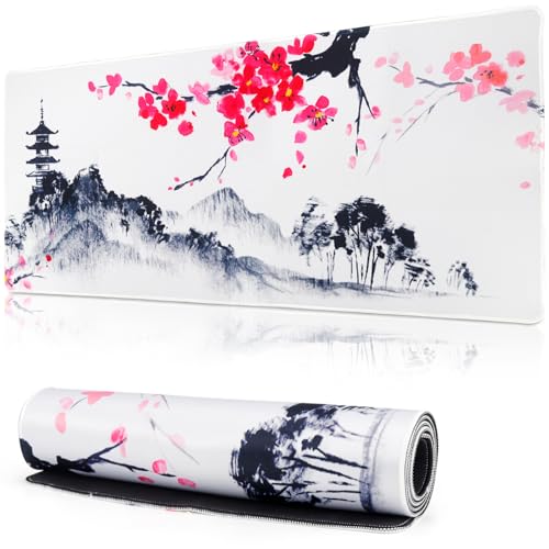 Mauspad Gaming Mousepad XXL 900 x 400 mm Schreibtischunterlage Groß Mausped Weiß Mausunterlage Mausoad Mouspad Japan Sakura Mauspad mit Motiv für PC Büro Desk Mat Laptop Computer (Stil 1) von BINYI
