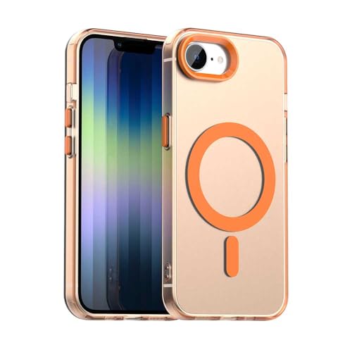Handyhülle für iPhone 16e, transparent, kabellos, magnetisch, schützend, schlanke Passform, gebürstetes Design, stoßfeste Abdeckung, Gummi, MagSafe-Bumper für iPhone 16e (Orange) von BIOPLJ