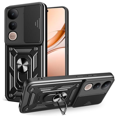 Schutzhülle für Vivo V50 Lite, strapazierfähig, mit Ständer, stoßfest, Kamera-Gleitschutz, magnetische Autohalterung, Ringhalterung, Stoßstange, für Vivo V50 Lite (Schwarz) von BIOPLJ