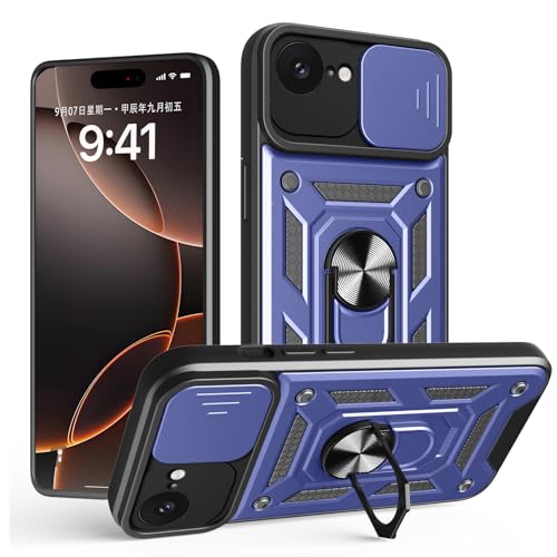 Schutzhülle für iPhone 16e, strapazierfähig, mit Ständer, stoßfest, Kamera-Gleitschutz, magnetische Autohalterung, Ringhalterung, Stoßstange für iPhone 16e, Blau Schutzhülle für iPhone 16e, strapazierfähig, mit Ständer, stoßfest, Kamera-Gleitschutz, magnetische Autohalterung, Ringhalterung, Stoßstange für iPhone 16e, Blau von BIOPLJ