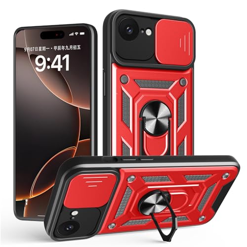 Schutzhülle für iPhone 16e, strapazierfähig, mit Ständer, stoßfest, Kamera-Gleitschutz, magnetische Autohalterung, Ringhalterung, Stoßstange für iPhone 16e, Rot Schutzhülle für iPhone 16e, strapazierfähig, mit Ständer, stoßfest, Kamera-Gleitschutz, magnetische Autohalterung, Ringhalterung, Stoßstange für iPhone 16e, Rot von BIOPLJ