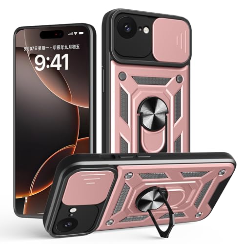 Schutzhülle für iPhone 16e, strapazierfähig, mit Ständer, stoßfest, Kamera-Gleitschutz, magnetische Autohalterung, Ringhalterung, Stoßstange für iPhone 16e (Roségold) von BIOPLJ