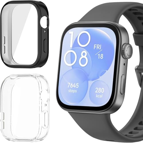 BIRDTOBR Hülle Kompatibel mit Huawei Watch Fit 3 Schutzhülle, Hard PC Ultradünne Cover 360 Grad Rundum Stoßfeste Schutz Case mit HD Displayschutz für Huawei Watch Fit 3 (Transparente+schwarz) von BIRDTOBR